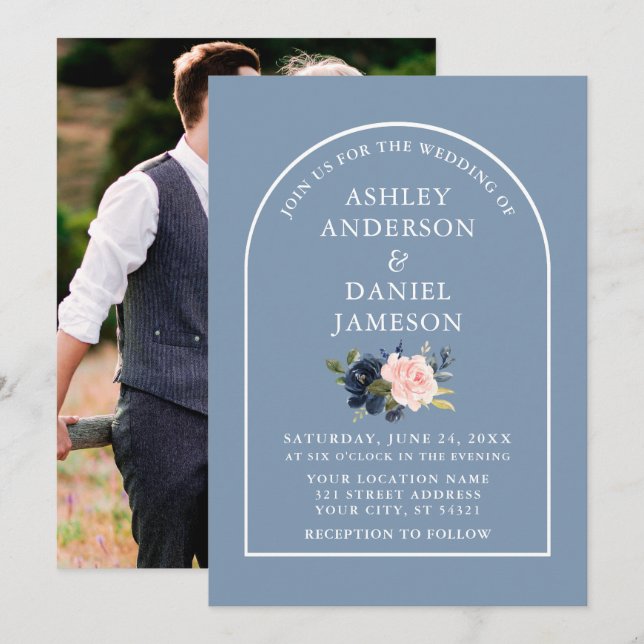 Modernes Arch Dusty Blue Pink Foto Hochzeit Einladung (Vorne/Hinten)
