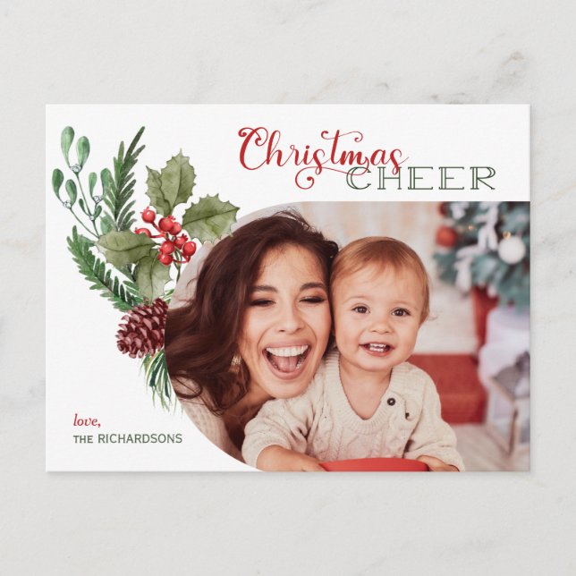 Modernes Arch Floral Weihnachten Chefskript-Foto Postkarte (Vorderseite)