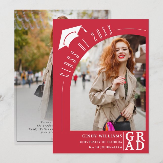 Modernes Arch Foto Grad Red Abschluss Ankündigung (Vorne/Hinten)