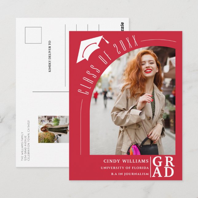 Modernes Arch Foto Roter Abschluss Ankündigung Postkarte (Vorne/Hinten)