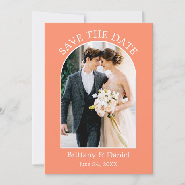 Modernes Arch Frame Foto Coral Save The Date (Vorderseite)
