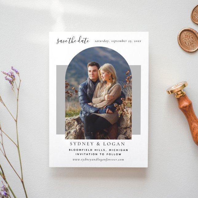 Modernes Arch Gray Wedding Foto Save The Date (Von Creator hochgeladen)