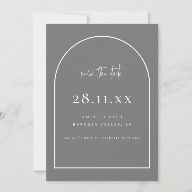 Modernes Arch Retro Minimalistisch Grau Save The Date (Vorderseite)