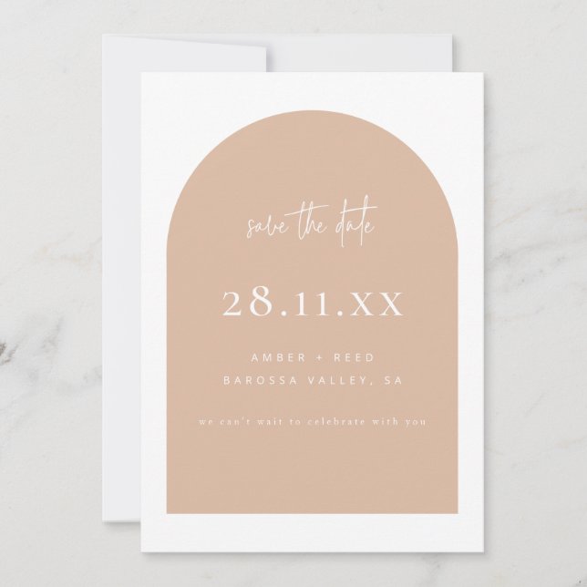 Modernes Arch Retro Terrazzo Rosa Skript Save The Date (Vorderseite)