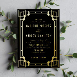 Modernes Art Deco Hochzeit von Schwarz und Gold Folieneinladung