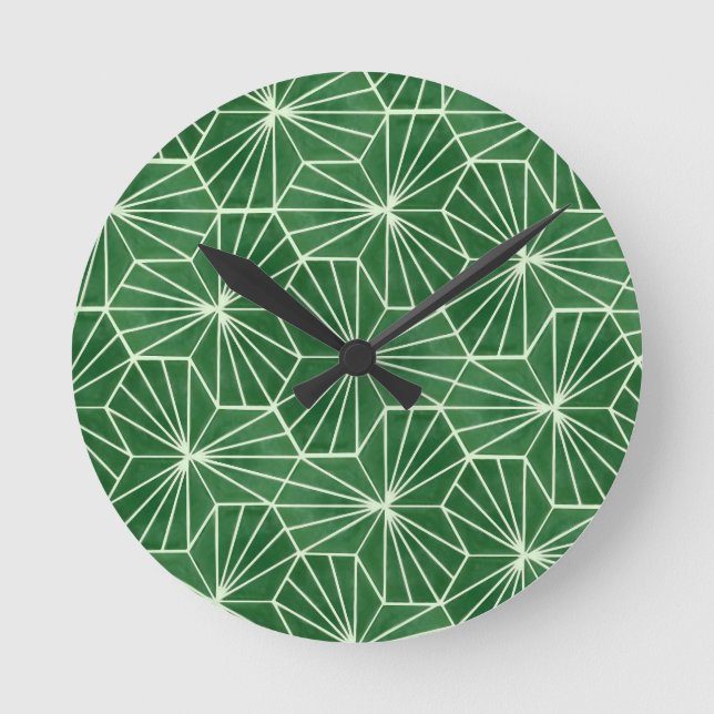 Modernes Art Deco Lime Green Geometrie Muster Runde Wanduhr (Vorderseite)