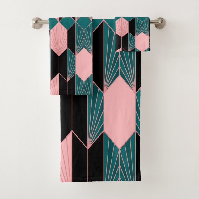 Modernes Art Deco Stil rosa und Aquamarin Badhandtuch Set (Insitu)