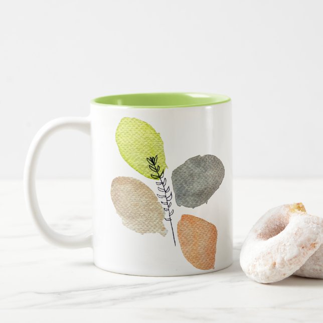 Modernes ästhetisches Wasserfarbenblatt Zweifarbige Tasse (Mit Donut)