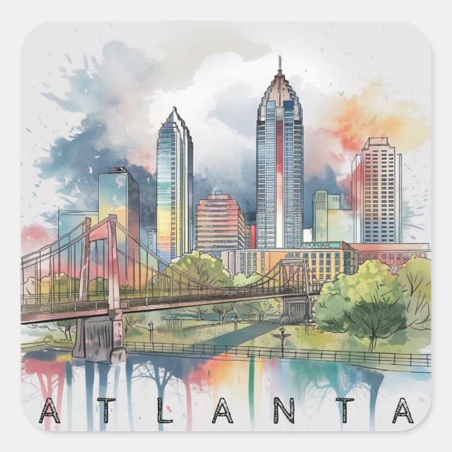 Modernes Atlanta Georgia Stilisierte Wasserfarbe Quadratischer Aufkleber (Vorderseite)