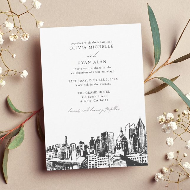 Modernes Atlanta Wedding Skyline Black & White Einladung (Atlanta Wedding Invitation)