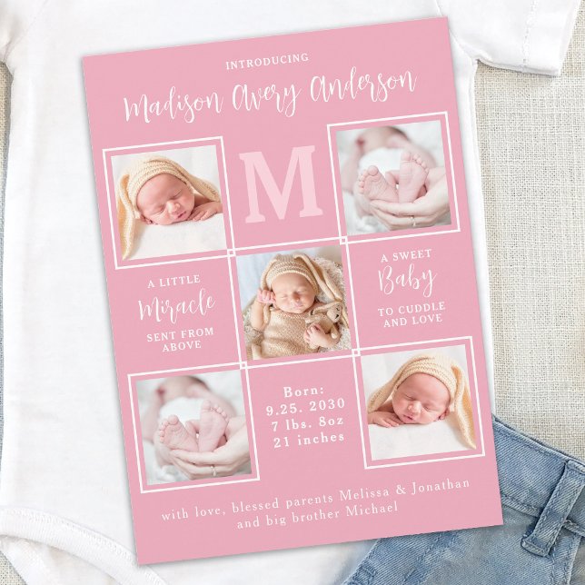 Modernes Baby 5 Foto Collage Neugeborene Rosa Gebu Ankündigung (Von Creator hochgeladen)