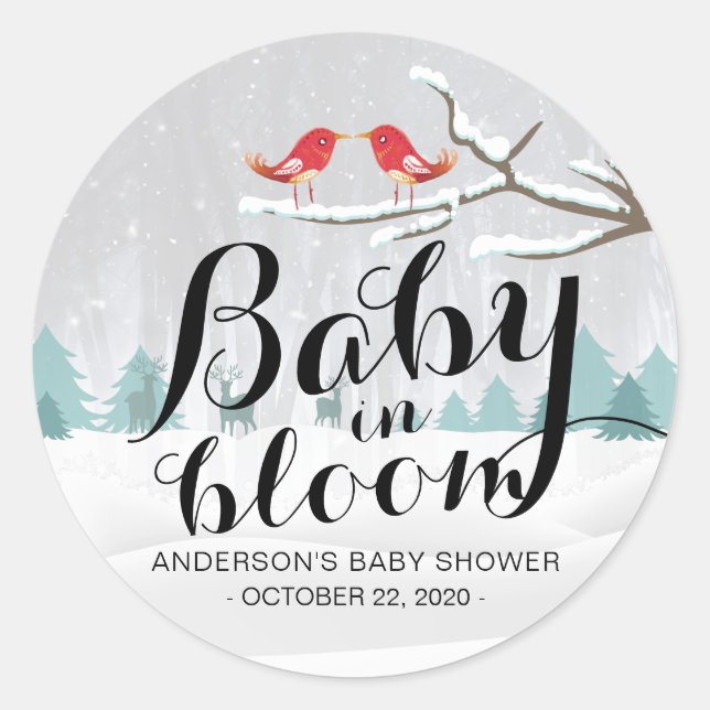 Modernes Baby-Baby mit blühender Schneeszene Runder Aufkleber (Vorderseite)