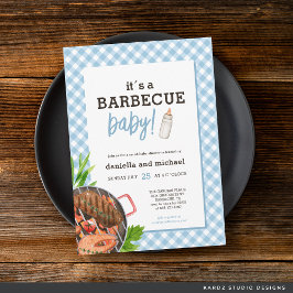 Modernes Baby Blue Gingham Barbecue Baby Dusche Einladung