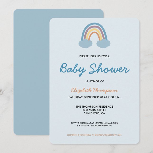 Modernes Baby Blue Rainbow Baby Dusche Einladung (Vorne/Hinten)