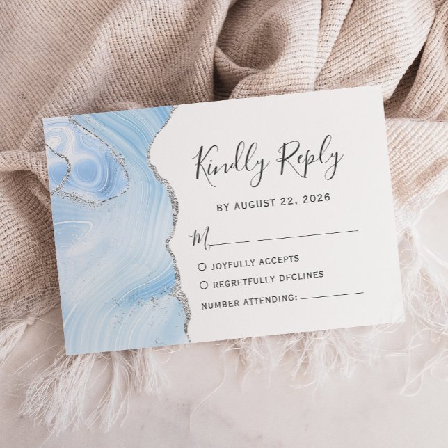 Modernes Baby Blue Silver Watercolor Agate Hochzei RSVP Karte (Von Creator hochgeladen)