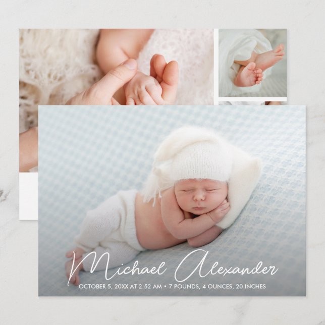 Modernes Baby Boy Foto Geburtsankündigung (Vorne/Hinten)