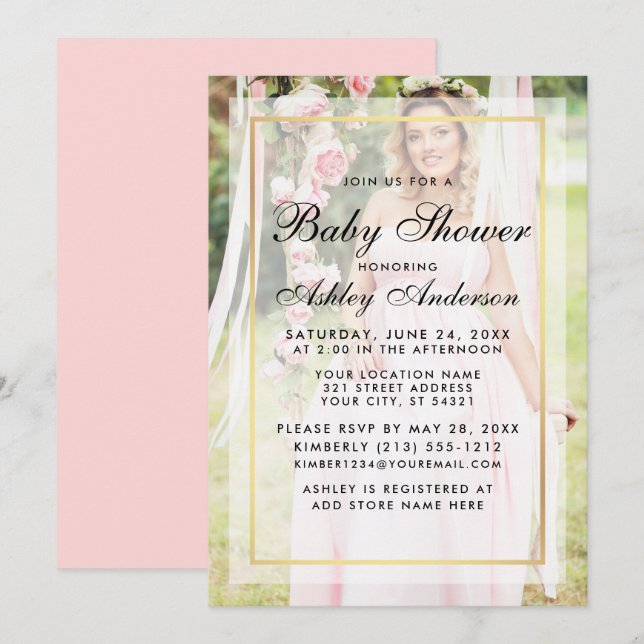 Modernes Baby Dusche Gold Pink Overlay Foto Einladung (Vorne/Hinten)