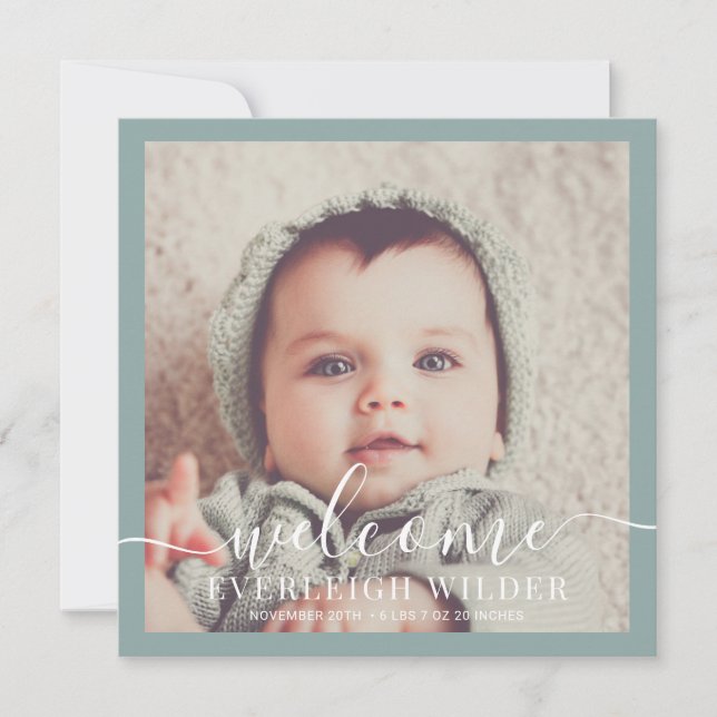 Modernes Baby Foto Blue Green Birth Ankündigung (Vorderseite)