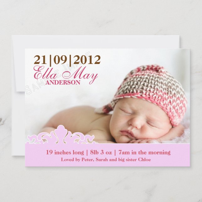Modernes Baby Girl Foto Geburtserklärung Ankündigung (Vorderseite)