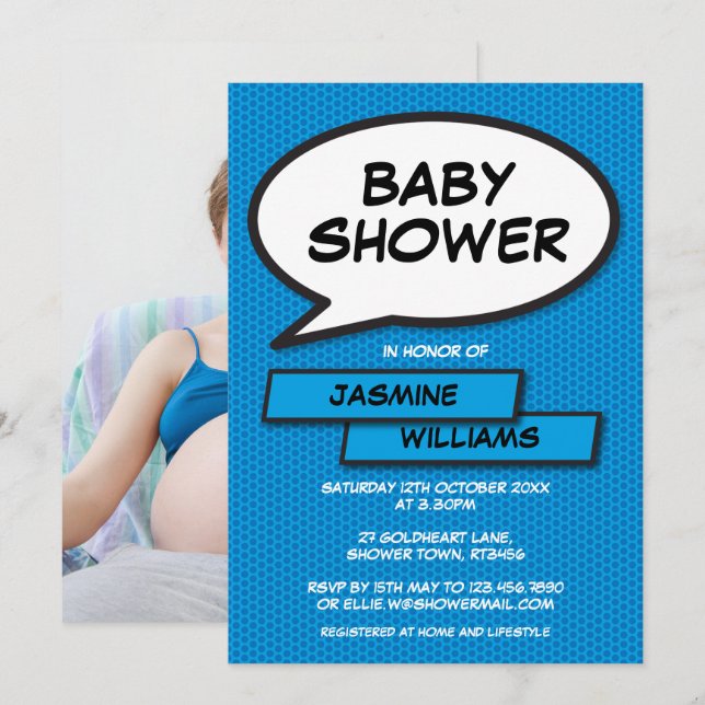 Modernes Baby Shower Fun Foto Blue Baby Einladung (Vorne/Hinten)
