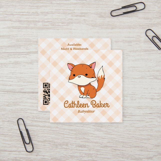 Modernes Babysitting | Fox Gingham Pattern Quadratische Visitenkarte (Vorderseite/Rückseite Beispiel)