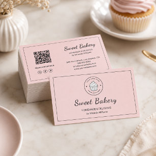 Modernes Bäckerei-Logo QR Social Media Icons Rosa Visitenkarte