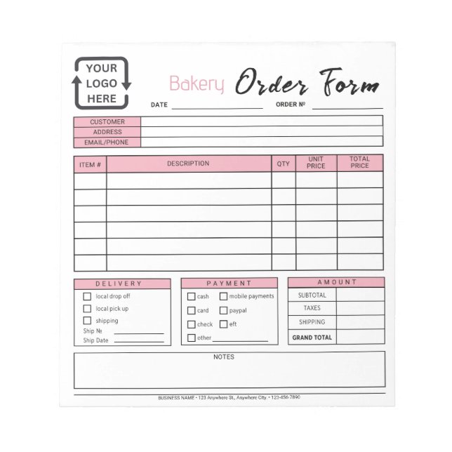 Modernes Bäckereicafé Pink Bestellformular Notepad Notizblock (Vorderseite)