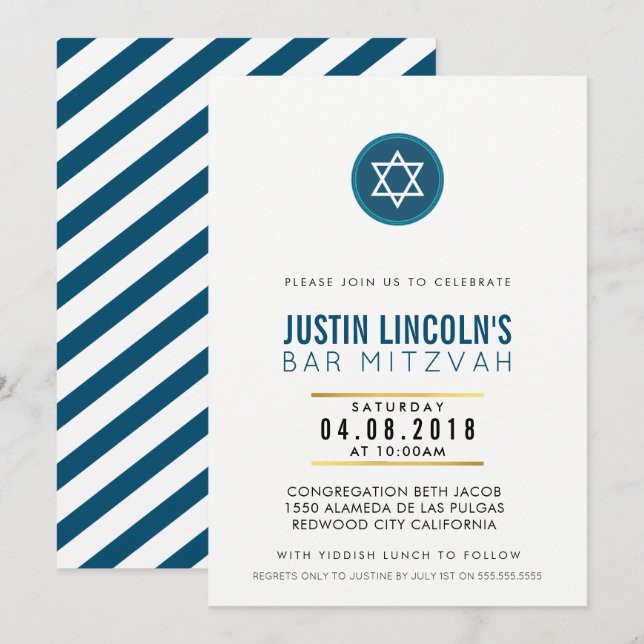 MODERNES BAR MITZVAH Party INVITE cool dunkelblau Einladung (Vorne/Hinten)
