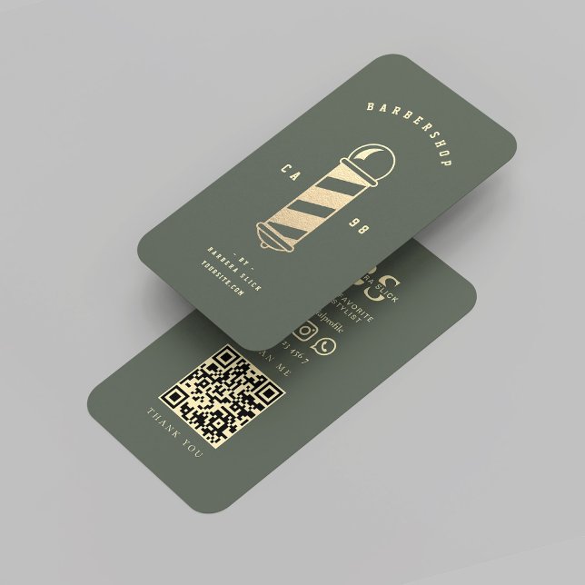 Modernes Barbershop Gold Barber's Pole Sage Green Visitenkarte (Modern Barbershop Gold Barber's Pole Sage Green Business Card
)