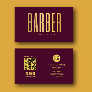 Modernes Barbier-Shop QR-Code Gold-Logo Burgund Visitenkarte
