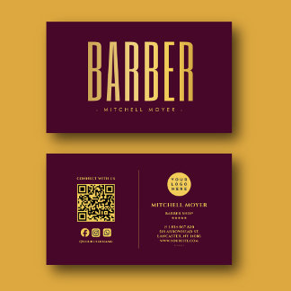 Modernes Barbier-Shop QR-Code Gold-Logo Burgund Visitenkarte