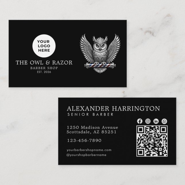 Modernes Barbiergeschäft Silver Owl Logo Qr Code Visitenkarte (Vorne/Hinten)