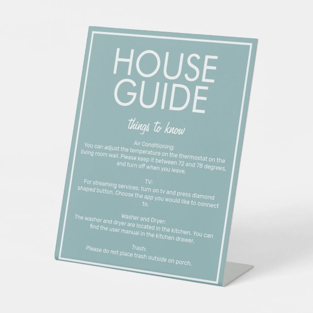 Modernes Basic Aquamarin House Guide Gästeschema Sockelschild (Vorderseite)