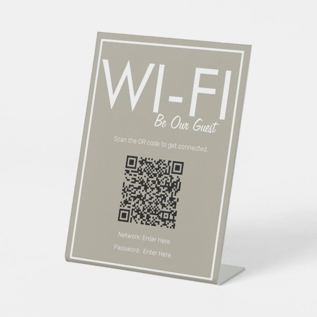 Modernes Basic Beige Wi-Fi QR Code Pedestal-Zeiche Sockelschild (Vorderseite)