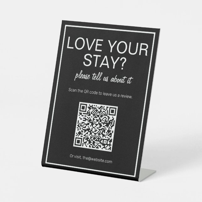 Modernes Basic Black QR Code Review Table Sign Sockelschild (Vorderseite)