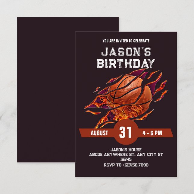 Modernes Basketballfeuer Geburtstag Einladung (Vorne/Hinten)