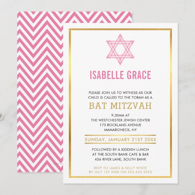 MODERNES BAT MITZVAH INVITE Goldener rosa jüdische Einladung (Vorne/Hinten)