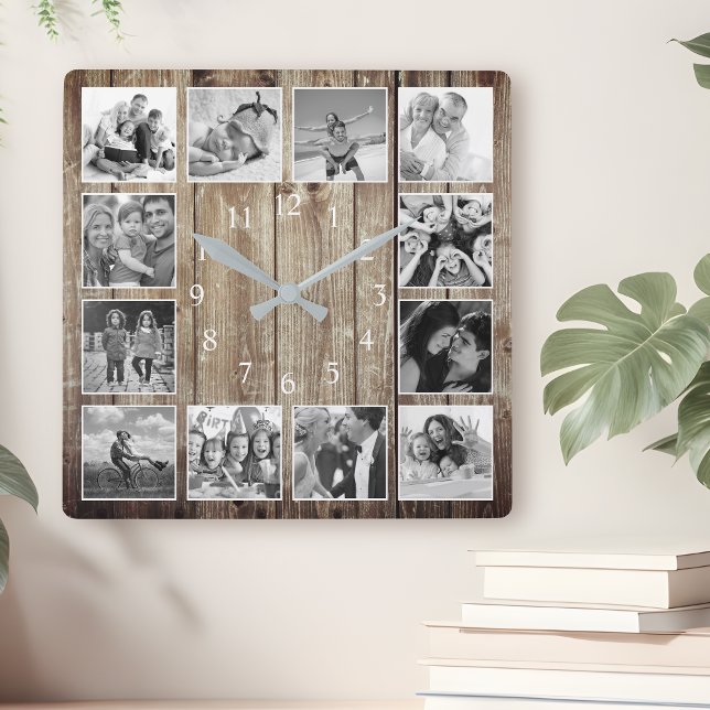 Modernes Bauernhaus Familie Rustikale FotoCollage Quadratische Wanduhr (Von Creator hochgeladen)