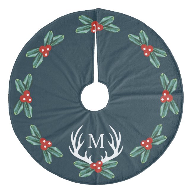 Modernes Bauernhaus Holiday Deer Antlers Holly Ber Fleece Weihnachtsbaumdecke (Vorderseite)