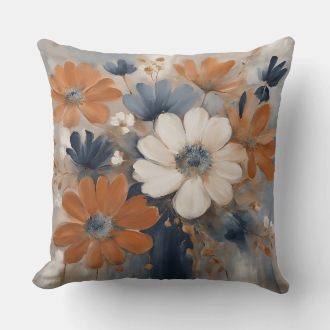 Modernes Bauernhaus Navy Blue Orange Floral Kissen (Vorderseite)