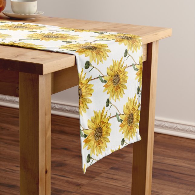 Modernes Bauernhaus Sonnenblumen in Weiß Kurzer Tischläufer (Beispiel)