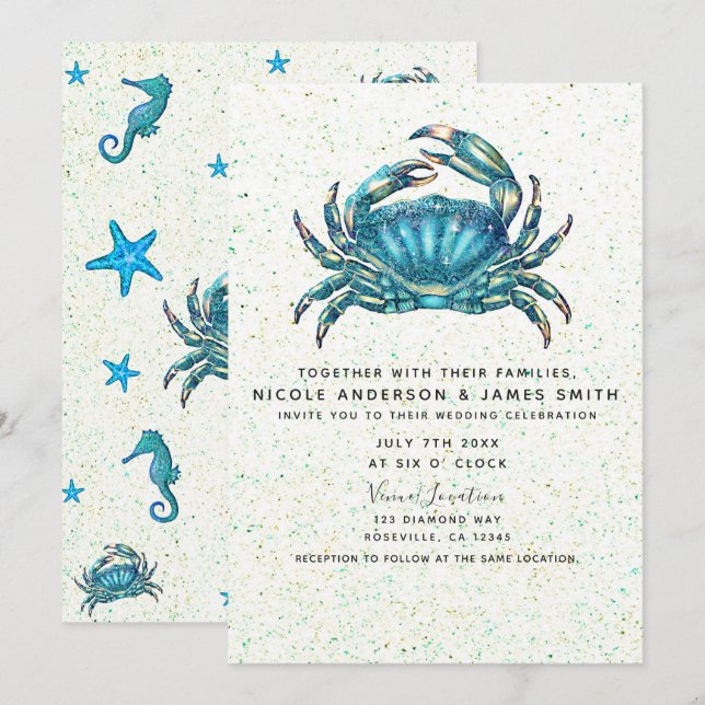 Modernes Beach Blue Crab Starfish Seepferd Hochzei Einladung (Vorne/Hinten)
