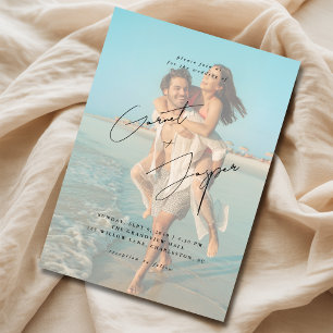 Modernes Beach Romance Budget Overlay Foto Hochzei Einladung
