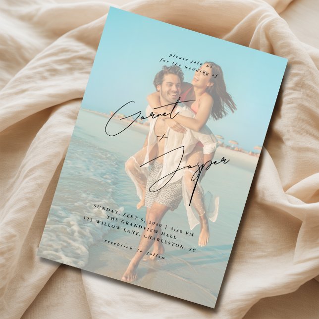 Modernes Beach Romance Budget Overlay Foto Hochzei Einladung (Von Creator hochgeladen)