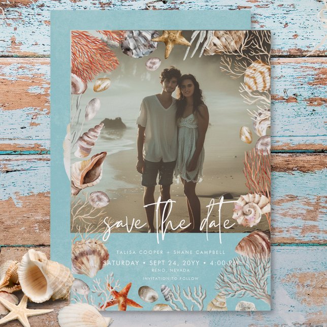 Modernes Beach Seashell Frame Foto Aqua Wedding Save The Date (Modern Beach Seashell Frame Photo Aqua Wedding Save The Date)