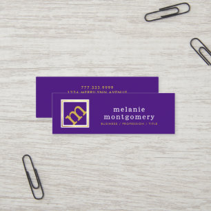 Modernes, bearbeitbares Monogramm, Lila und Gold Mini Visitenkarte
