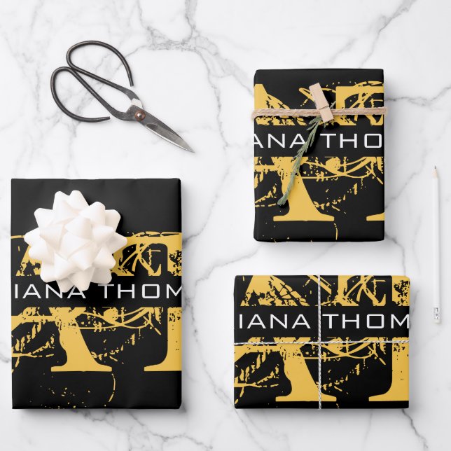Modernes, bedrücktes Schwarz/Gold-Mit Monogramm Geschenkpapier Set (Vorderseite)