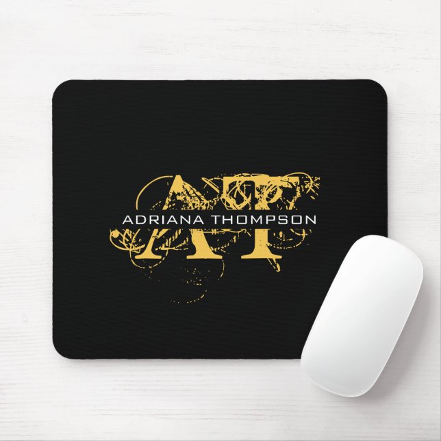 Modernes, bedrücktes Schwarz/Gold-Mit Monogramm Mousepad (Mit Mouse)