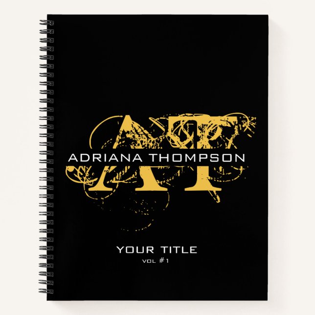 Modernes, bedrücktes Schwarz/Gold-Mit Monogramm Notizbuch (Vorderseite)