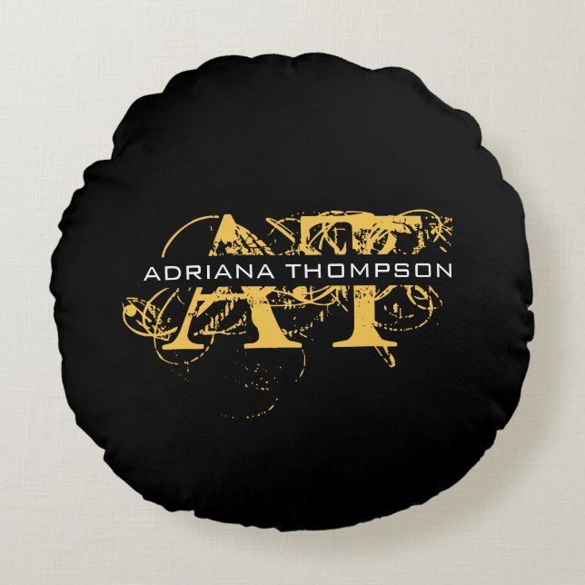 Modernes, bedrücktes Schwarz/Gold-Mit Monogramm Rundes Kissen (Vorderseite)